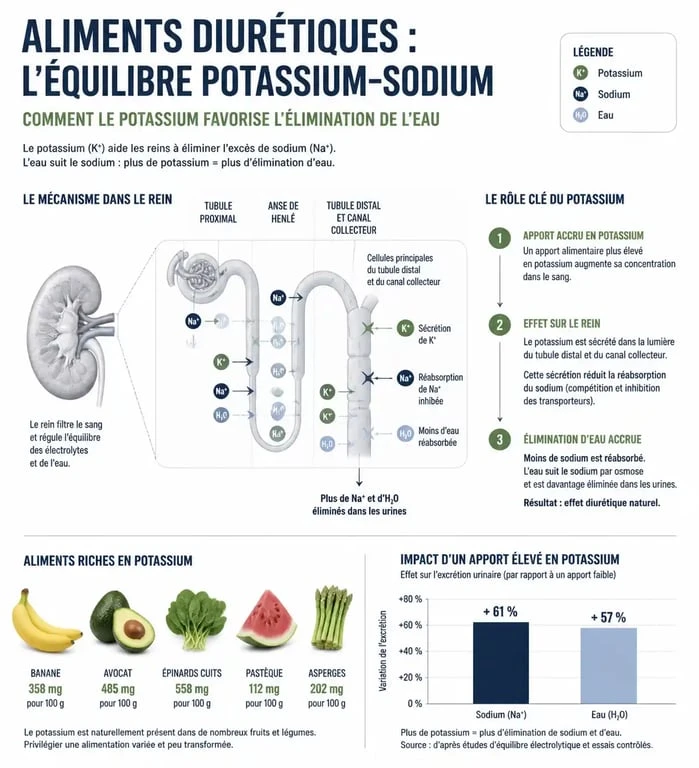 Infographie expliquant le rôle des aliments diurétiques et l'équilibre potassium-sodium pour lutter contre la rétention d'eau
