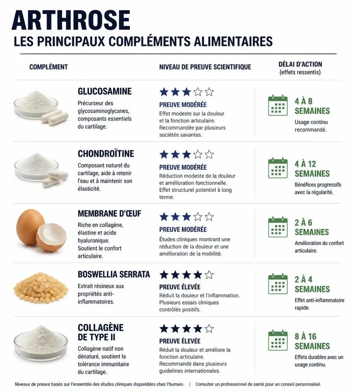 Infographie comparative des compléments alimentaires pour l'arthrose : efficacité et délais d'action
