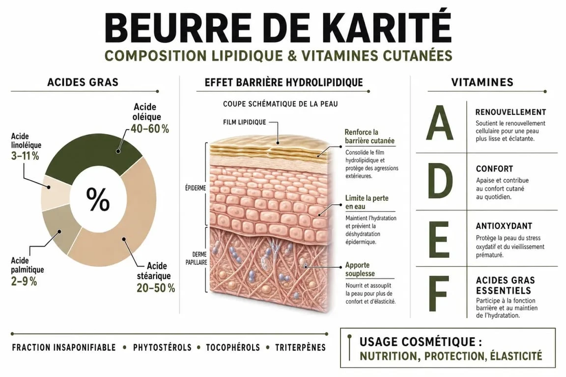 Infographie présentant les bienfaits et propriétés du beurre de karité pour la peau et les cheveux