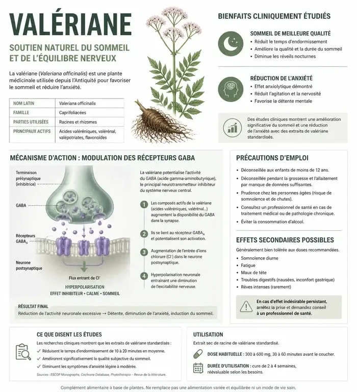 Infographie sur les bienfaits et effets secondaires de la valériane pour le sommeil et l'anxiété