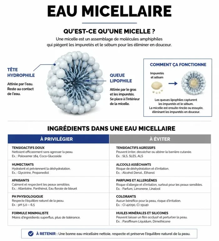 Infographie comparative des ingrédients pour choisir la meilleure eau micellaire pour votre peau