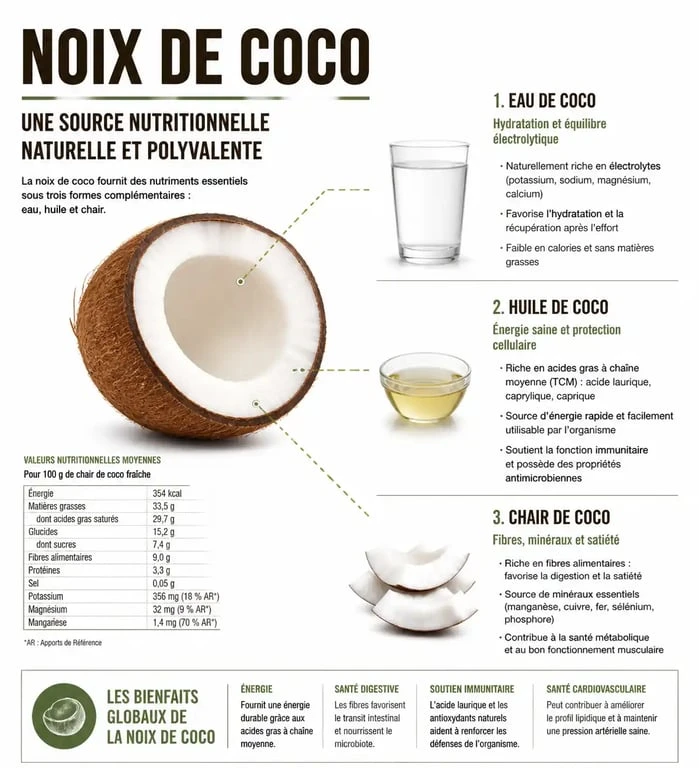 Infographie sur les bienfaits de la noix de coco pour la santé et la nutrition