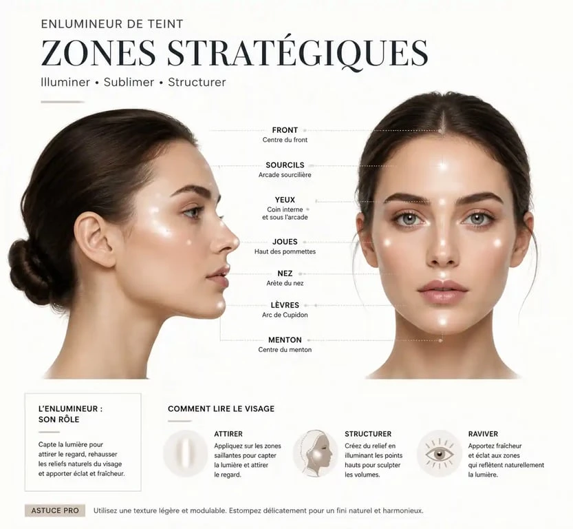 Zones stratégiques pour l'application du meilleur highlighter sur le visage
