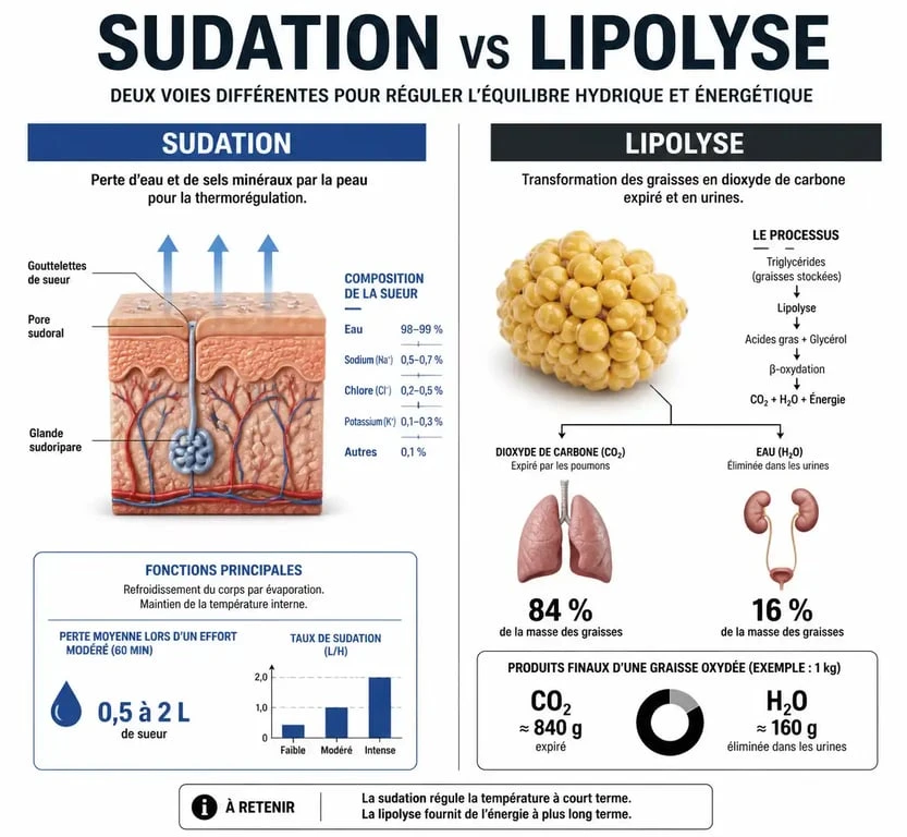 Infographie expliquant pourquoi transpirer ne fait pas maigrir et la différence entre perte hydrique et perte de graisse