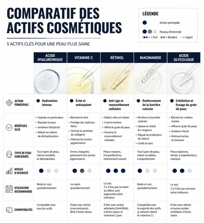 Infographie comparative des actifs pour choisir son sérum visage selon son type de peau