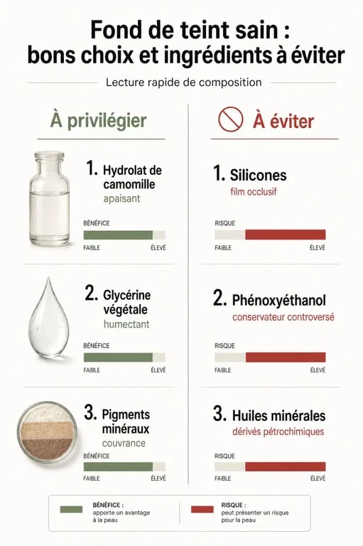 Infographie des ingrédients à privilégier pour choisir le meilleur fond de teint Yuka