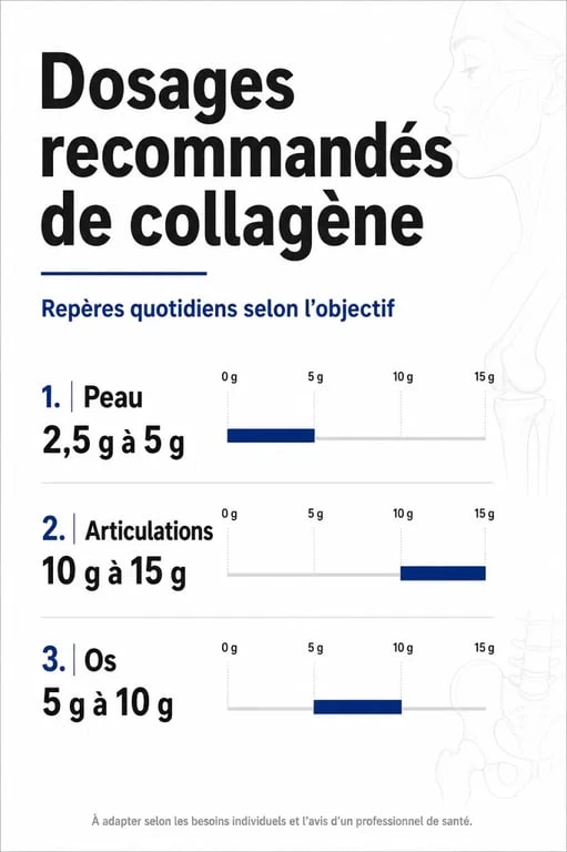 Infographie des dosages recommandés de collagène par jour selon les objectifs de santé : peau, articulations et densité osseuse.