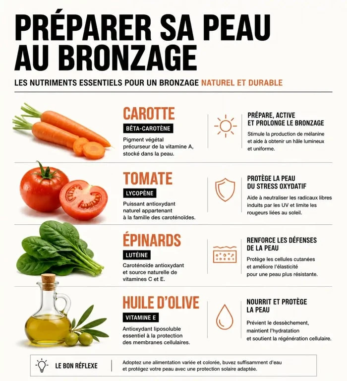 Infographie des nutriments pour bronzer vite et préparer sa peau au soleil