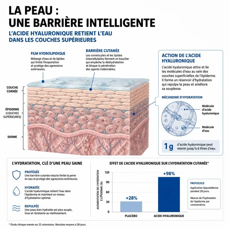 Schéma scientifique expliquant comment hydrater sa peau et le rôle de la barrière cutanée