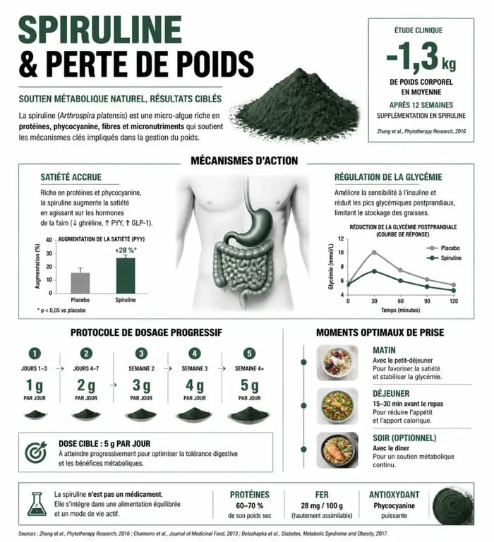 Infographie sur le dosage de la spiruline par jour pour maigrir et ses bienfaits santé