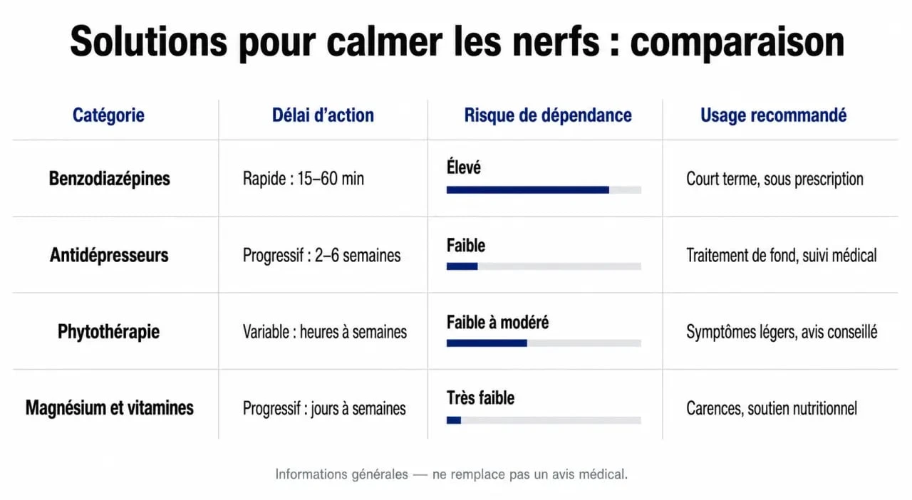 Infographie comparative des médicaments et solutions naturelles pour calmer les nerfs