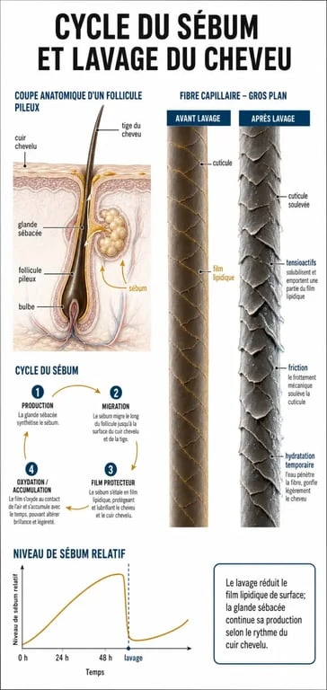 Infographie expliquant le cycle du sébum et l'impact du lavage quotidien sur la santé capillaire.