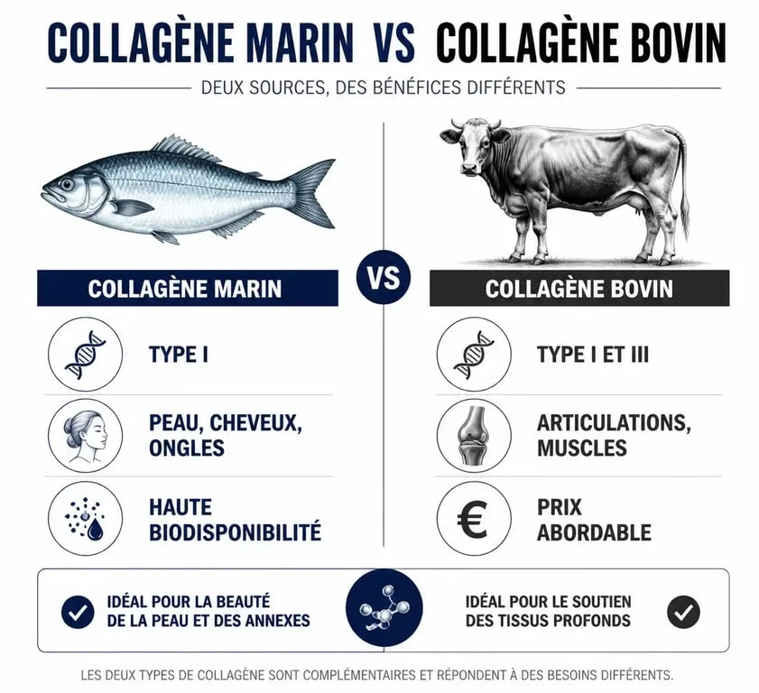 Comparatif visuel des différences entre le collagène marin et le collagène bovin pour choisir son complément alimentaire