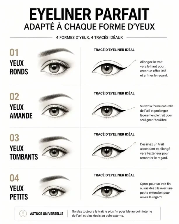 Infographie montrant comment mettre de l'eye liner selon la forme de ses yeux