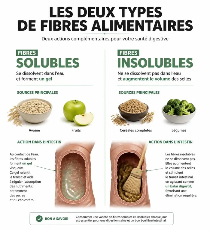 Infographie sur les bienfaits des aliments contenant des fibres solubles et insolubles pour la santé digestive