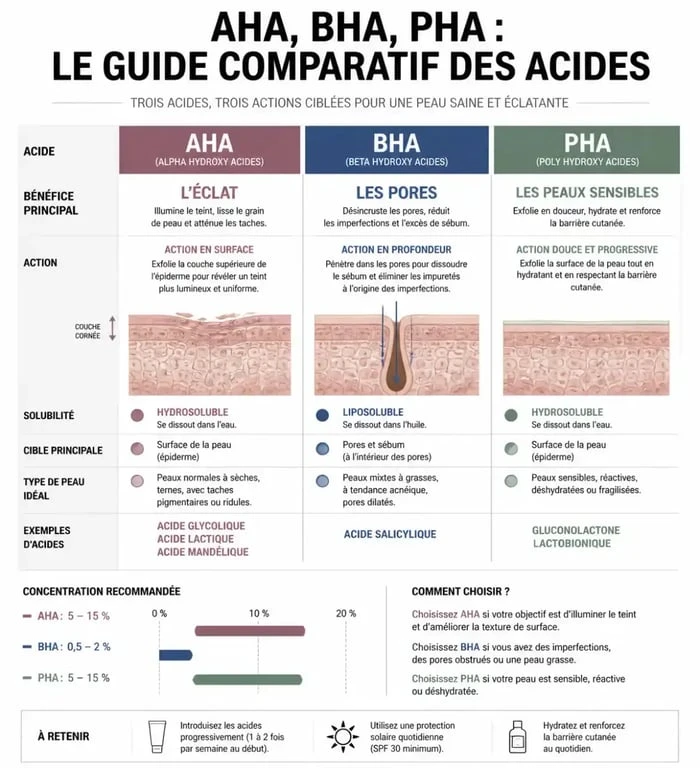 Comparatif des acides pour peeling visage : AHA, BHA et PHA pour choisir le meilleur peeling en pharmacie