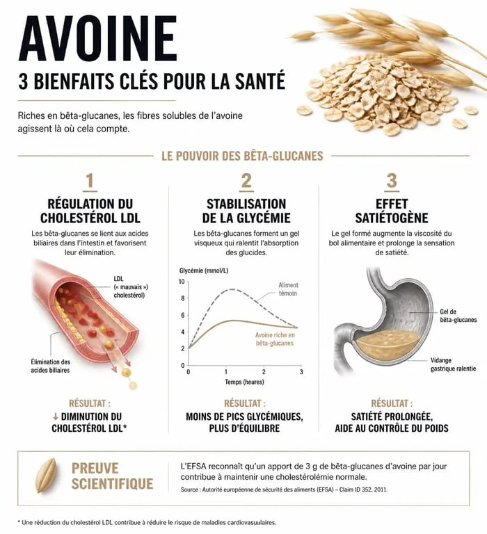 Infographie des bienfaits santé de l'avoine : cholestérol, glycémie et satiété