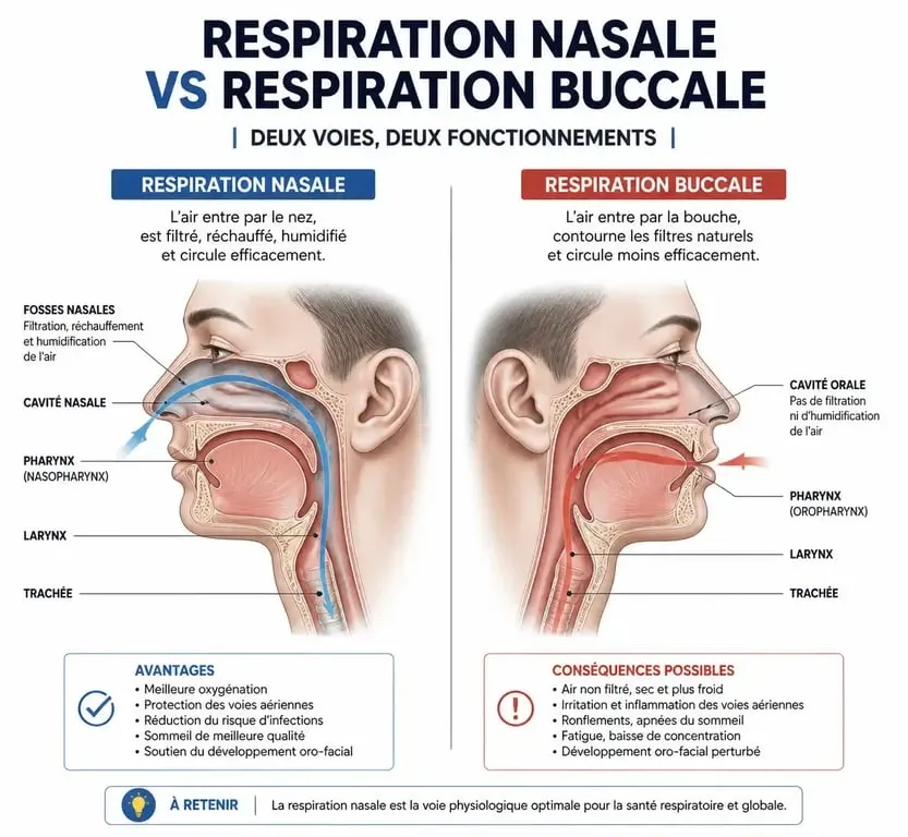 Schéma comparatif de la respiration nasale et buccale pour comprendre pourquoi je dors la bouche ouverte