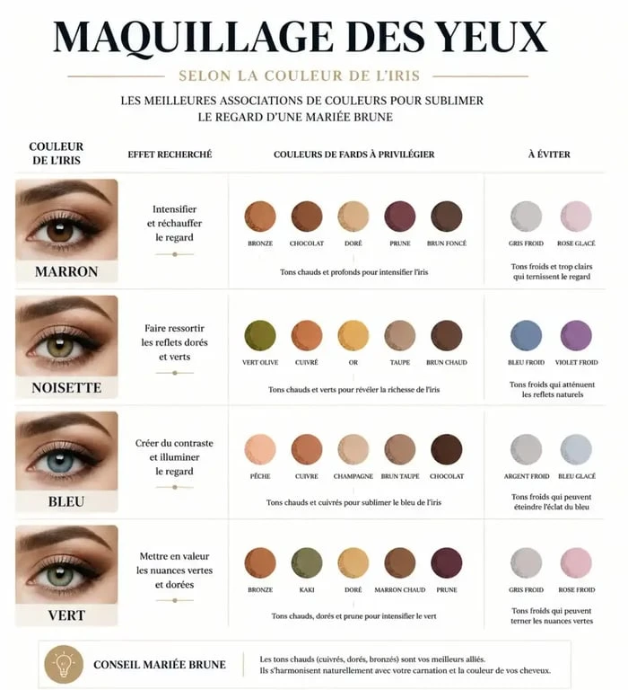 Infographie des associations de couleurs de maquillage pour mariée brune selon la couleur des yeux