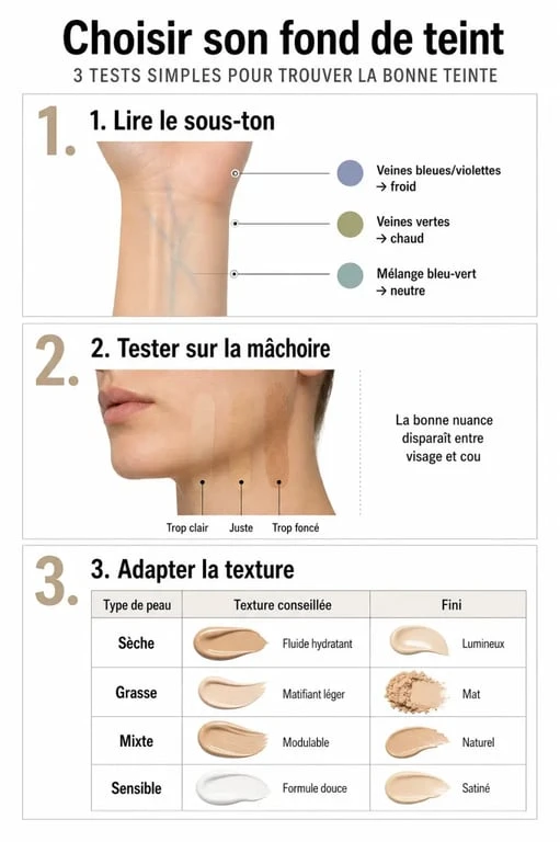 Infographie illustrant comment choisir son fond de teint : test des sous-tons et test de la mâchoire