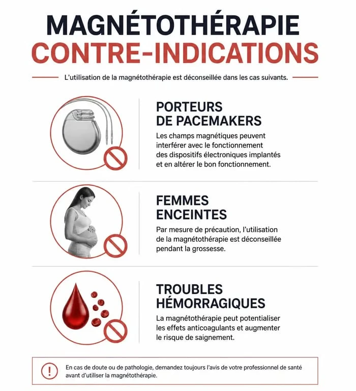 Infographie des contre-indications et dangers de la magnétothérapie pour la sécurité des patients