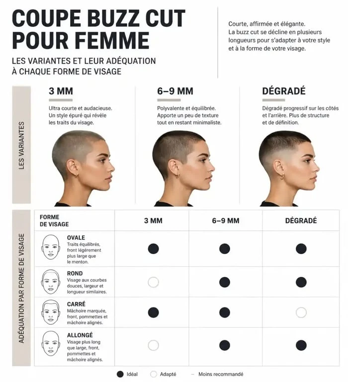 Infographie des styles de buzz cut femme et conseils selon la forme du visage
