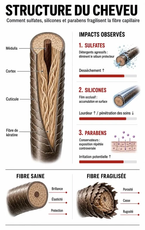 Infographie explicative sur les effets des sulfates, silicones et parabens dans le meilleur shampoing sans sulfate sans silicone sans paraben
