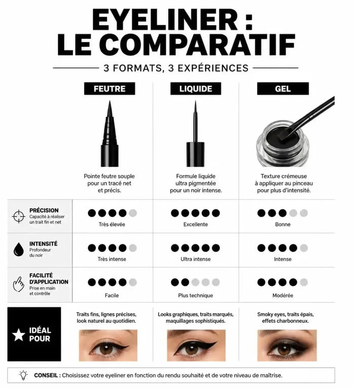 Infographie comparative des meilleurs eye liners : feutre, liquide et gel pour un maquillage parfait