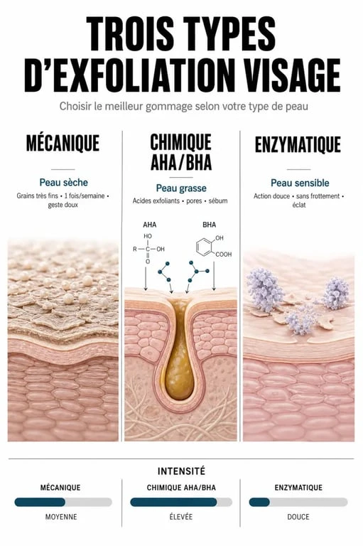 Infographie comparative des méthodes d'exfoliation pour choisir le meilleur gommage visage selon son type de peau