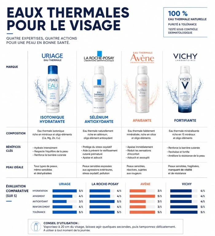 Infographie comparative des meilleures eaux thermales pour le visage selon le type de peau