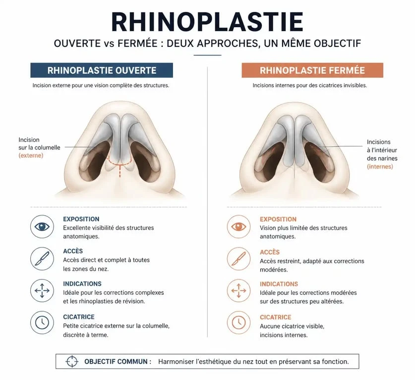 Schéma explicatif des techniques de rhinoplastie ouverte et fermée pour une chirurgie du nez réussie