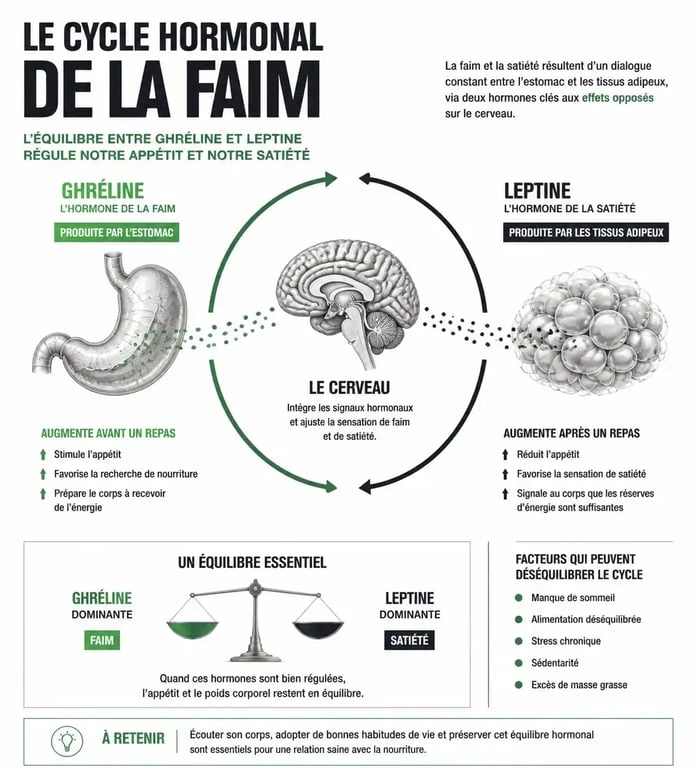Schéma explicatif du cycle hormonal de la faim : ghréline et leptine et leur impact sur la sensation de faim permanente dans l'estomac.