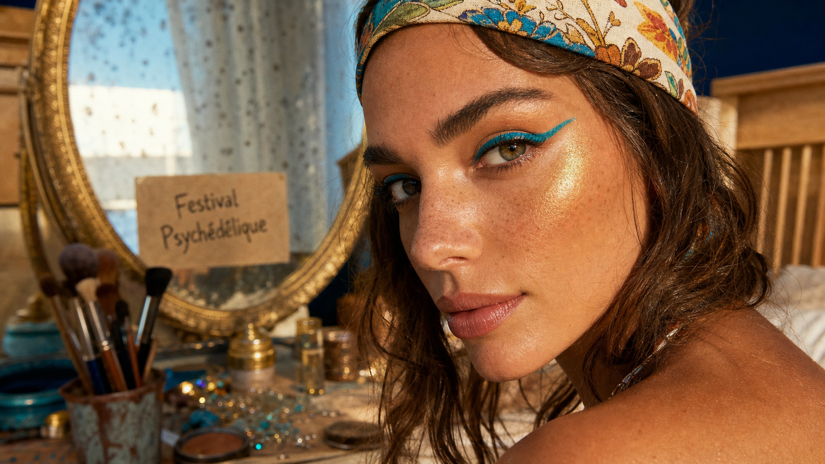 Maquillage hippie solaire psychédélique, liner turquoise et highlighter doré