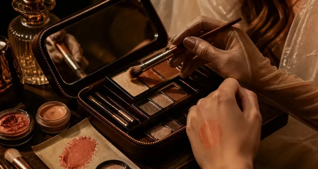 Maquillage pour mariée brune : palette champagne, cuivre et chocolat, teint longue tenue