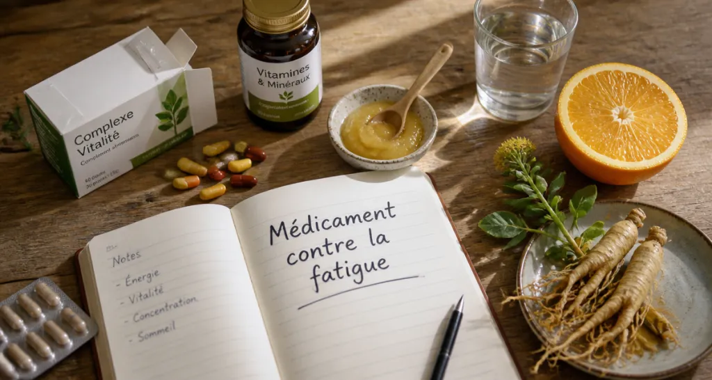 medicament contre la fatigue sur une table avec vitamines et stimulants