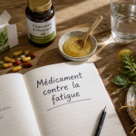 medicament contre la fatigue sur une table avec vitamines et stimulants