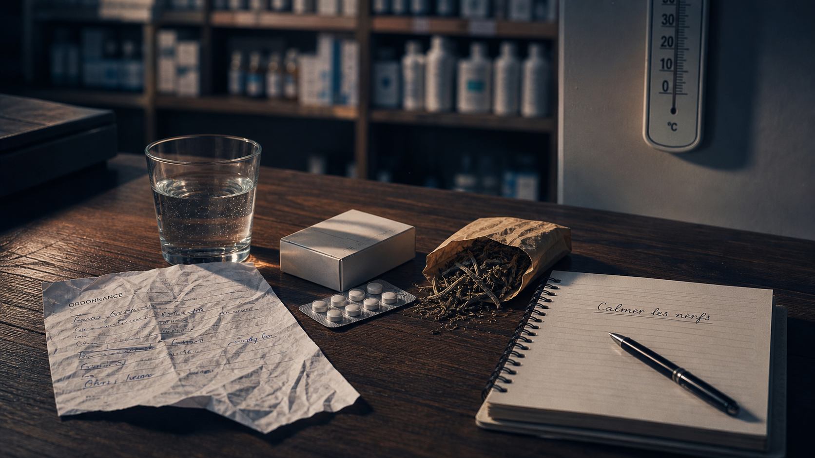 Medicament pour calmer les nerfs : valériane et ordonnance sur un bureau