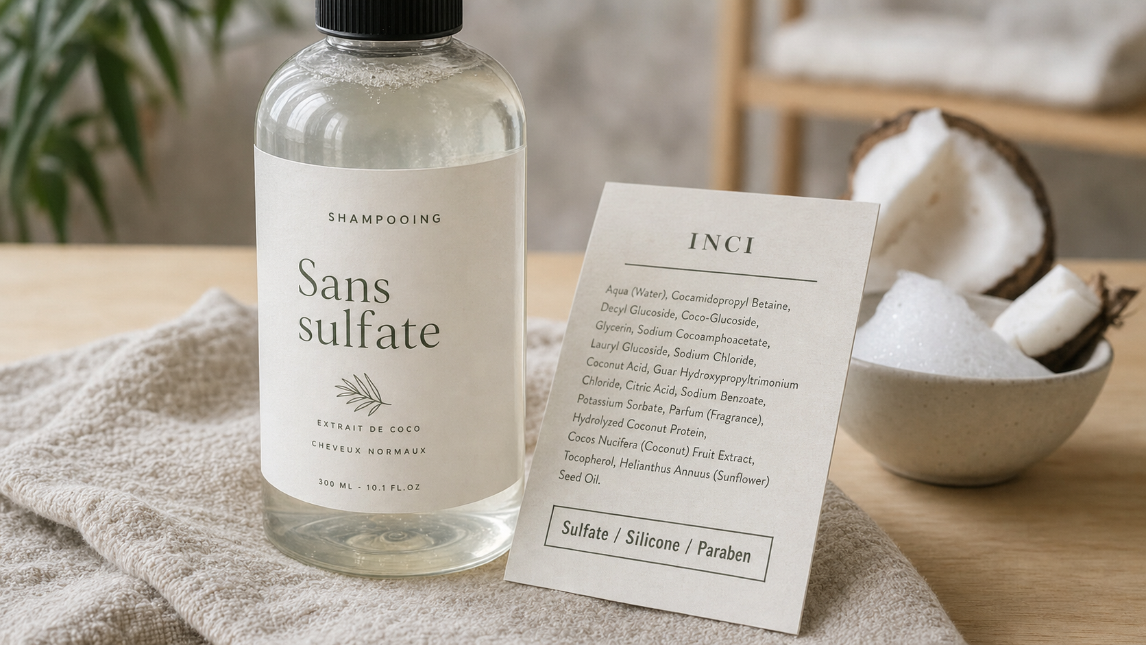 Meilleur shampoing sans sulfate sans silicone sans paraben, flacon et INCI