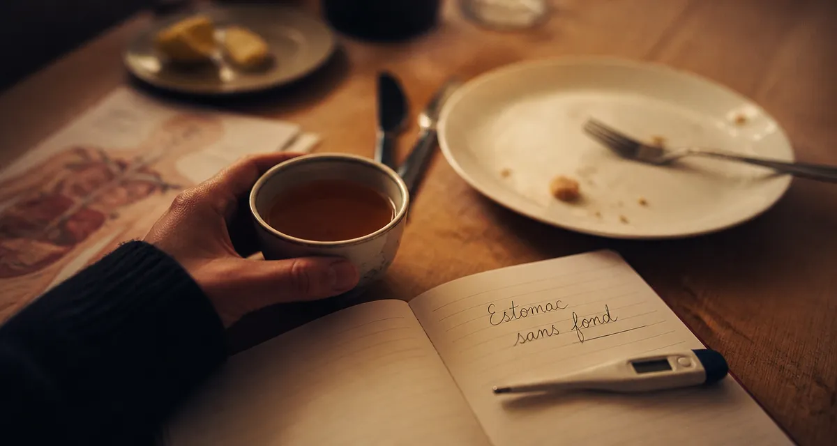 Sensation de faim permanente estomac, infusion et carnet médical