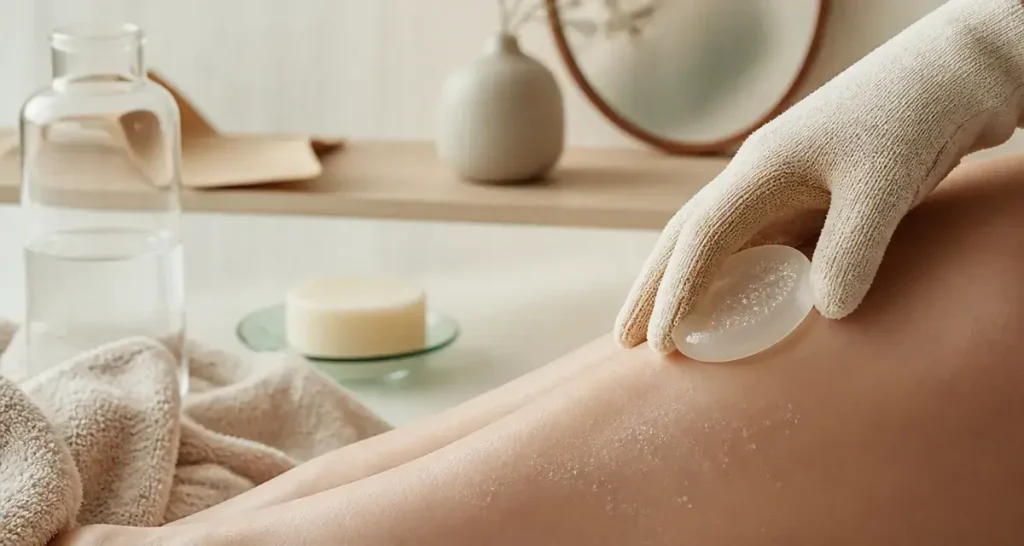 Avis gomme dépilatoire : gomme exfoliante sur peau douce, jambes sans irritation visible