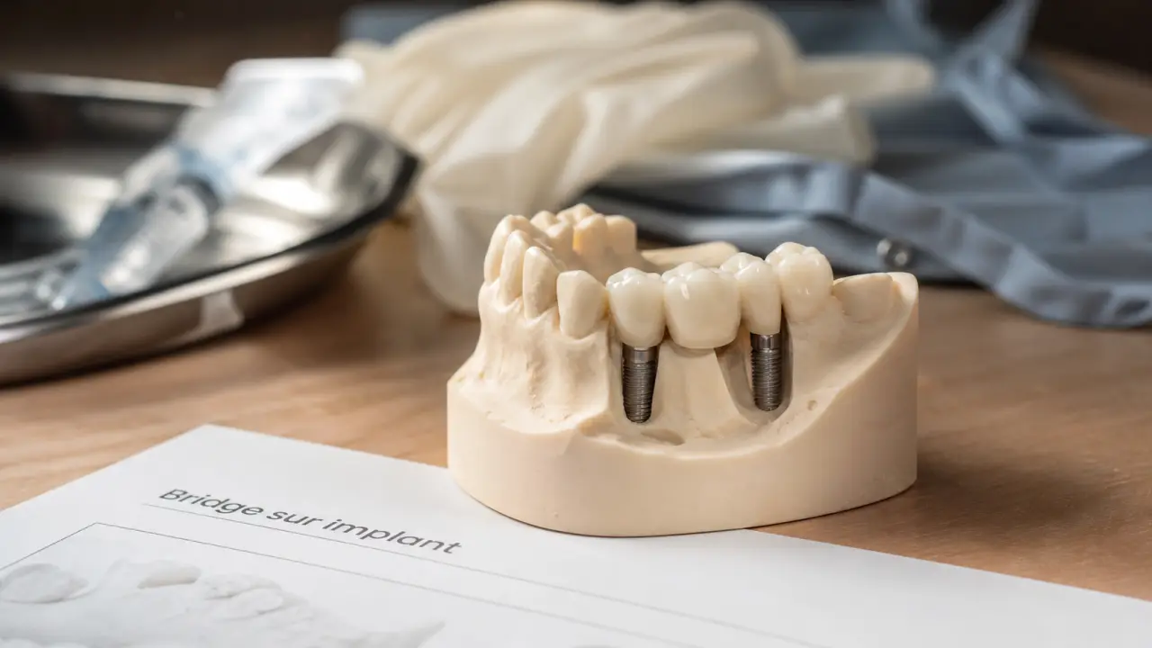 Bridge sur implant fixe : 3 dents sur 2 implants