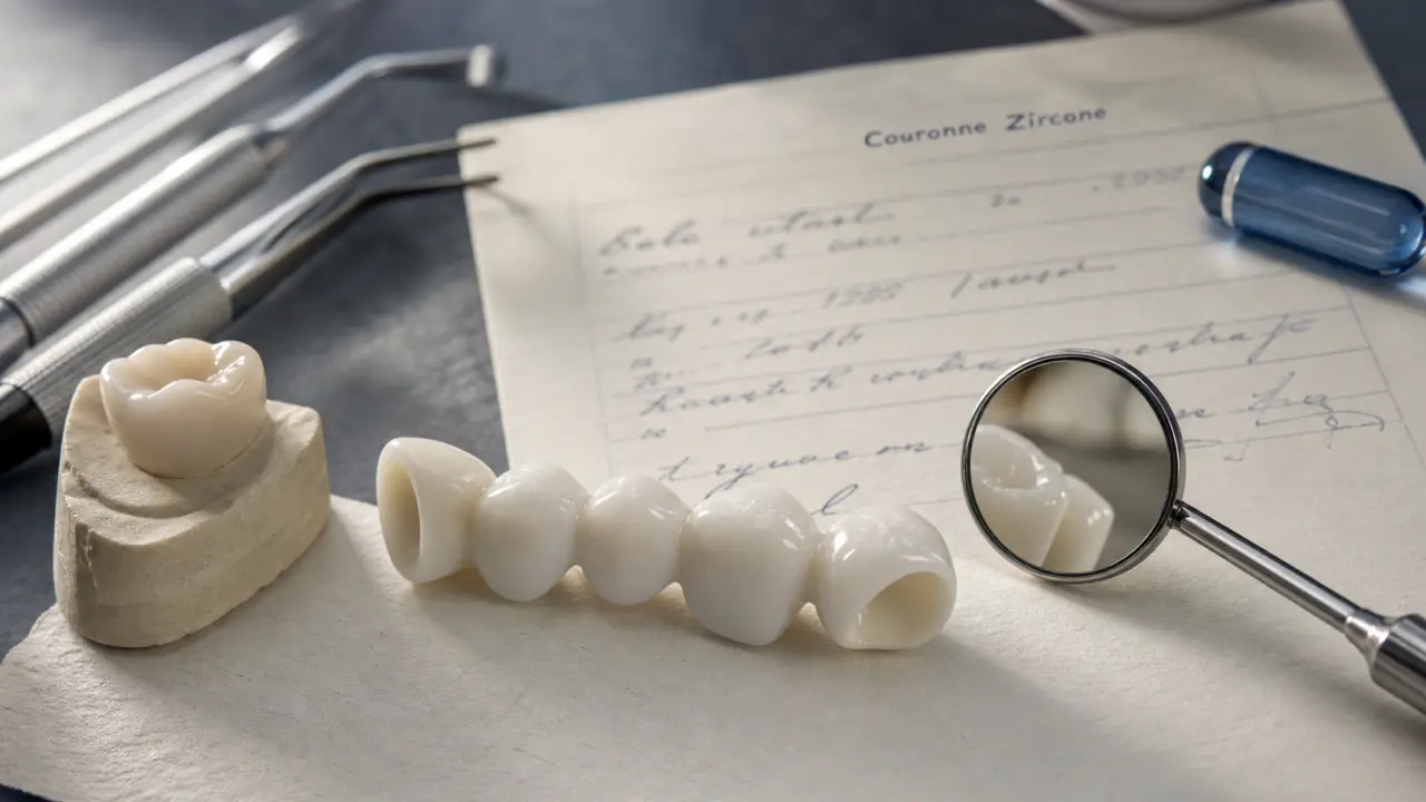 Couronne dentaire zircone sur plateau de soins