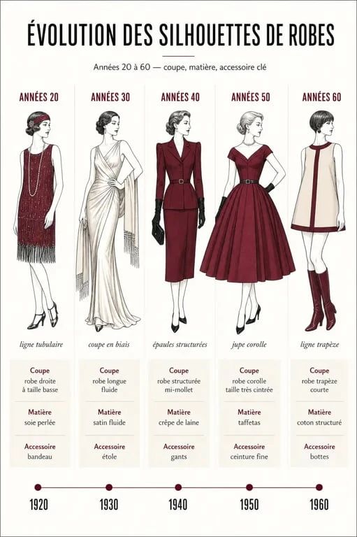 Infographie comparative des styles de robes rétro des années 20 aux années 60 pour choisir sa robe des années 30