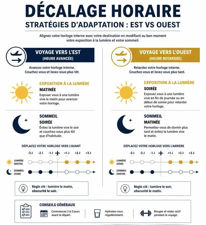 Infographie des stratégies pour s'adapter au décalage horaire selon la direction du voyage vers l'est ou l'ouest