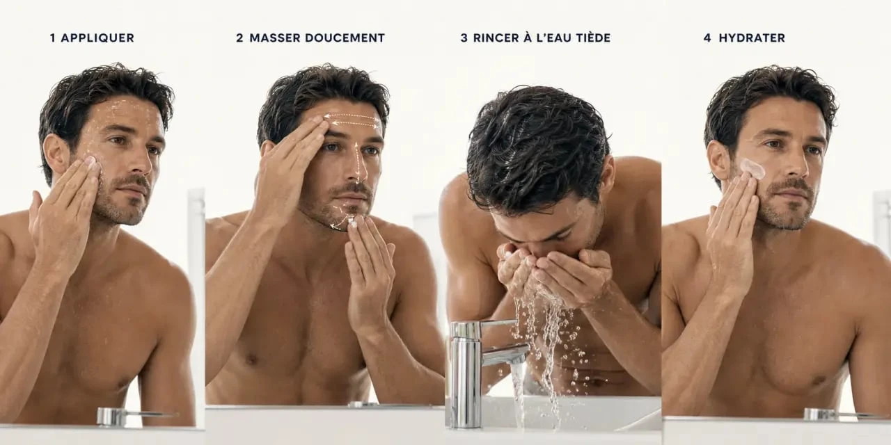 Gommage visage pour homme : routine d’application douce avec massage, rinçage et hydratation