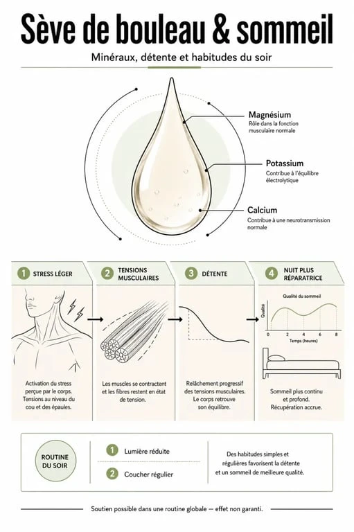 Infographie sur la sève de bouleau et sommeil : stress, détente musculaire et routine du soir