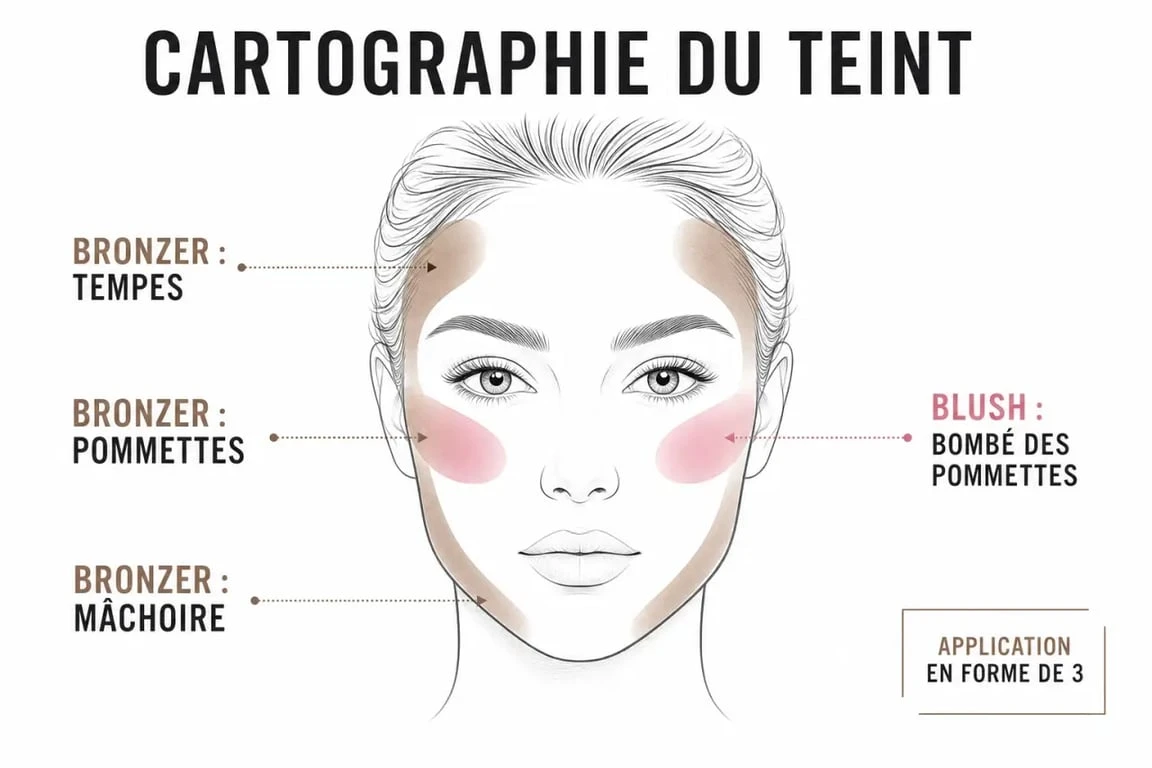 Schéma des zones d'application pour appliquer bronzer et blush sur le visage