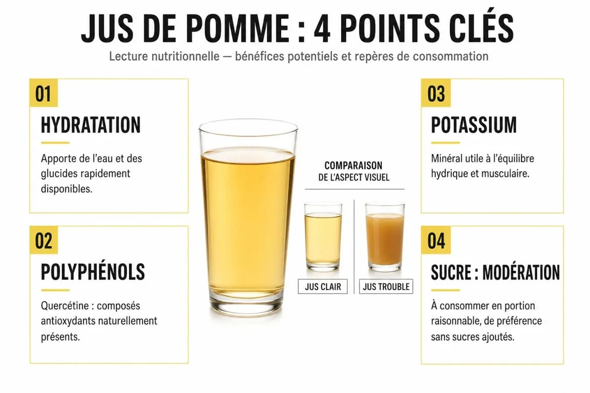 Bienfaits du jus de pommes : hydratation, antioxydants, potassium et modération du sucre