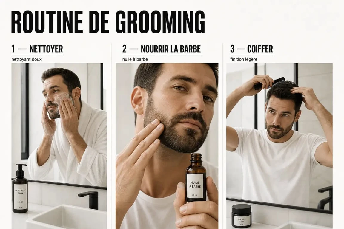 Grooming homme : routine en trois étapes pour nettoyer le visage, hydrater la peau et entretenir la barbe