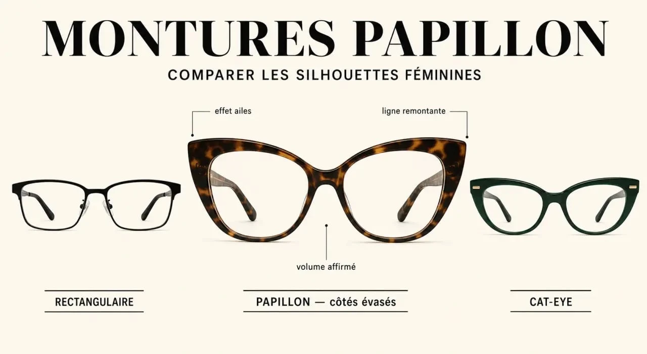 Lunettes papillon femme en comparaison visuelle avec monture cat-eye et monture rectangulaire